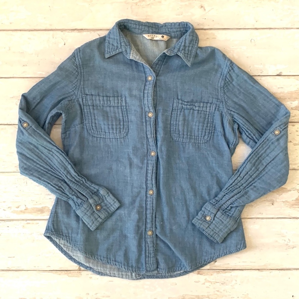 Riders By Lee Women’s S/M Blue Denim Chambray Button Up Cotton Shirt Size Small